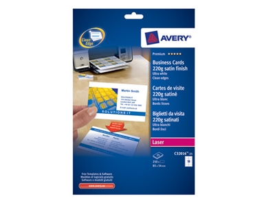 Visitkort Avery C32016 Hvid  85x54mm Farvelas. 10/ark Pk/25