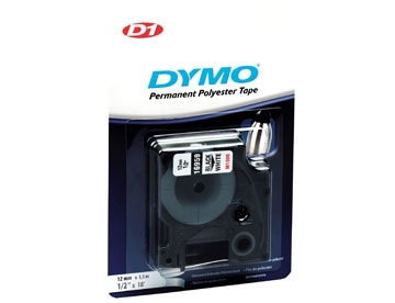 Dymo D1 Polyester tape 12mm  Permanent sort/hvid